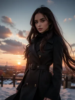 girl wearing a black midi dress, coat, overknee winter boots, long hair, seductive eyes, soft lips, dynamic angle, autumn fashion, sunset