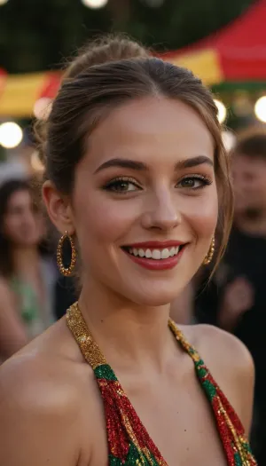 A beautiful young woman at a festive outdoor event, smiling brightly as she talks to someone. She has a warm golden complexion and delicate facial features—high cheekbones, full lips, and expressive eyes adorned with shimmering face gems. Her light brown hair is tied in a loose low bun, with a few soft strands framing her face. She's wearing a bold black halter top with a large metallic ring at the center, creating an open front that highlights her curvy figure. On her arm, she has a colorful band in red, yellow, and green, suggesting a cultural or carnival vibe. The background is lively and slightly blurred, capturing the vibrant atmosphere of a sunny celebration.