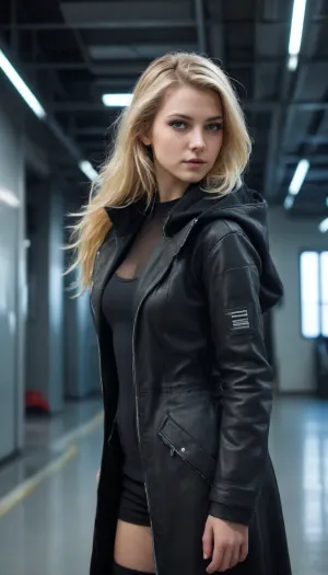 Ultra realistic, Mirrors Edge style, young beautiful German girl, friendly cute tall tall face, with wild blonde hair, sexy body, wearing armored cyberpunk clothes and a black hooded greatcoat, relaxed pose, revealing pose, model pose