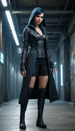 Ultra realistic, Deus ex style, young beautiful German elf girl, friendly cute tall tall face, with wild blue and black hair, muscular body, wearing armored cyberpunk clothes and a black hooded greatcoat, relaxed pose