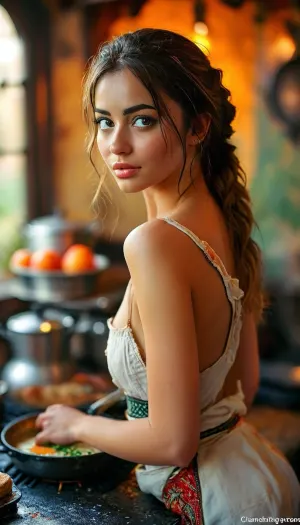 Sexy Algerian pancake chef with stunning green eyes, cooking at a stove, showing her cute butt, nude, wearing an apron, looking over her shoulder, full image, (((eye contact with the viewer))), saggy breasts, thick labia majora, pubic hair, toned butt, toned, athletic, muscular, arab, North African, <lora:MJ52:.8>, green eyes, perfecteyes, <lora:PerfectEyesXL:.8>