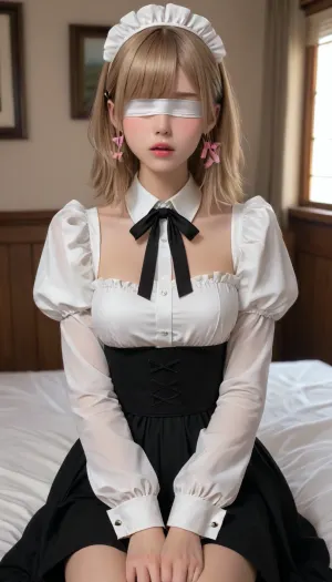masterpiece, 1 house maid, cawgirl shot, gyaru, long sleeve, (bangs:1.2), large ribbon, (Realistic X:1.5), (thick waist:1.4), orgasm, curvy waist, boxy waist, straight figure, white blindfold, mouth slightly open, sitting
