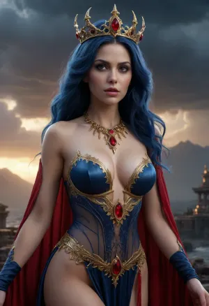 a mesmerizing 3D rendering of the Black Witch, dressed in a flowing, transparent gown that exposes her super-hyper hairy pussy and her deep crimson, sheer velvet breasts with intricate gold filigree embroidery, her scorpion-tail crown adorned with glittering blood-red rubies, her piercing, ethereal eyes glowing with an otherworldly intensity, against the backdrop of a turbulent, electric-blue storm brewing behind her, with lightning illuminating the dark, ominous clouds, rendered in an exaggerated, hyper-realistic style, with intricate textures and dramatic, cinematic lighting, using cutting-edge 3D modeling software such as Unreal Engine, Octane Engine and V-Ray, evoking the fantastical, dreamlike quality of a Pixar film