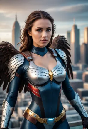Professional photography of a futuristic armored superheroine with eagle wings, flying over a city skyline. The costume is sexy and sensual and shows off her super hairy breasts and pussy, a glowing chest arc reactor. Intense dramatic lighting, high contrast, creates tension, soft contrast, soft saturation.