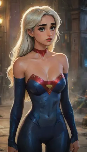Photorealistic with perfect details, Cinematic, Masterpiece, HD, Sexy CGI.

Beautiful woman "Disha Patani", Platinum blonde hair, sparkling bright glowing Blue eyes, expressive face.dishap, <lora:dishap:1>, Wearing a intricate costume, ("Full Sexy Armor"), a costume that embodies the form of "Supergirl-DC Comics", (Armor Chest and Thighs open), .
Futuristic Costume Design. Street Fashion, Wearing a ripped denim jacket and a tight yoga pants.

- High heels are very detailed, hand guards are very detailed.
The costume is White with a combination of Gold and Red.

- The chest and thighs are clearly visible.
Perfect hourglass body curves, natural breasts, plump hips, flat and slim stomach, abs, big thighs, large buttocks.
There is a picture of the "SuperGirl" Logo lit up. DCEU, Supergirl, <lora:Supergirl:.5>, Pose, Action pose Walking in the middle of a quiet and deserted Metropolis city square.
War scars, destroyed cities, muddy and shabby streets.
Dark night, black clouds, dim light, thick black smoke.
Tense atmosphere.

"FANTASY WORLD", highlydetailedbody, realisticface, highlydetailedhair, insanelydetailed, 8K.highdetailedskin, highresolution, perfectfingers, (j_cartoon:1.5), Drawing, <lora:samdoesarts1.1-000030:.4>, <lora:J_cartoon:.3>, <lora:Animated_Concept:.4>