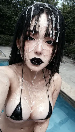 gothic, (goth), (asian), pale skin, dark black eyes, dyed black hair, bangs hair, long bangs, forehead hair, (hair covers eyes), black eyeliner, (black lipstick:2), (pale skin), white skin, perfect eyes, small eyes, detailed eyes, small nose, slim body, looking at viewer, selfie, side view, angle from above, walking pool, outdoor pool, hard shadows, sweaty, breasts out, perfect figure body, blush, embarrassed, gleaming skin, steam, tanline, microbikini, cum hair on hair, cum on body, bukkake, perfect body, pale, skin, <lora:microbikini_sdxl_1:.5>, <lora:Pale_Skin_SDXL_v1.0:1.5>, <lora:detailed_notrigger:1>, <lora:YoungAdultSDXL:-2>