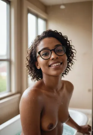 intimate morning portrait of a black girl taking a shower, delicate features and subtle freckles, african, ((dark skin)), natural window light streaming in, tousled short brown slightly curly hair with smooth roots, (dark brown hair), rectanglar glasses with black frame, soft teasing smile, relaxing bubble bath, casual at-home vibes, minimal everyday makeup, warm vanilla walls and cozy bathroom decor in background, sensual curves hinted beneath the soapy water, shot on Sony A7IV with 35mm f/1.4 lens, shallow depth of field, (soft morning glow:1.3), (natural skin texture:1.2), (gentle bokeh:1.2), (casual intimacy:1.2), lifestyle photography, candid moment, dreamy atmosphere, film-like grain, nostalgic color grading, Instagram aesthetic, lifestyle blogger quality, ZipRealism