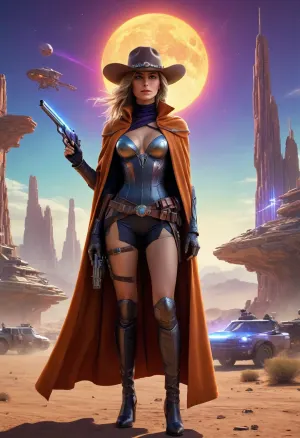 Create an epic poster set in a futuristic Wild West. A lone female gunfighter stands at the center of the composition, with a cybernetic arm and a long cape fluttering in the wind. She wears a stylized cowboy hat with technological details, and her breasts and super-hyper hairy pussy are on display. In the background, a futuristic desert city with holographic saloons, neon towers, and drones patrolling the sky with two suns. Mechanical creatures replace horses, and neon signs flash with alien symbols. The poster should convey tension and adventure, with a cinematic look worthy of a space western. Use a palette of warm tones, (rust, gold, orange), mixed with lights and neon, (blue, purple), .