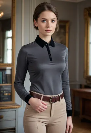 (masterpiece, best quality:1.2), 1 girl, swedish 30yo, solo, tight beige jodhpurs, riding boots, (anthracite velvet polo shirt:1.4), outdoors, brunette hair, bright ice blue eyes, short haircut with side parting, hair tucked behind ears, she stands in a Victorian-style office, <lora:Equestrian_riding_boots_2_SDXXXL:.5>, <lora:681678_training_data:.5>