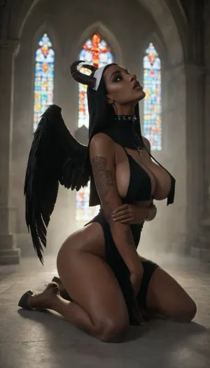 in the church, (fog:1.6), (black girl:1.5), (African girl:1.5), (big black wings:1.5), a black nun, (fire in church:1.6), sexy nun, sexy eyes, kneeling, praying, large breasts, deep cleavage, spiked collar, natural body, (Minimalist moody chiaroscuro lighting and creates a dramatic effect:1.3), (The overall mood of the image is sensual and alluring, with undertones of anticipation and desire:1.3), (closeup of breasts, light focus on breasts:1.4), (big breasts, soft breasts:1.4), black stockings, (smeared makeup:1.2), (red glowing pupils:1.2), (big ass), (legs spread), inverted cross, black lips, (pentagram), wide hips, (tattoos on breast:1.3), (tattoo on hips:1.3), (behind tail), (tail from ass:1.2), (horns on the head:1.3), (open mouth), (An close-up bottom up profile of big breasts, Long silky raven black hair hides her face in shadow:1.4), (hooves:1.7), best quality, mega detail, mega quality, high detailing, plump black lips, bottom view, side view