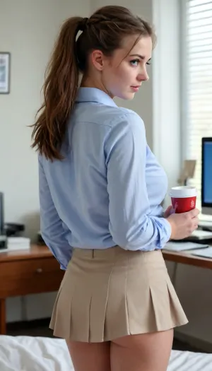 18 years old girl, ((long hairy pubic fleece)), french braids ponytail, pleated upskirt, ((office shirt 2 buttons off showing cleavage)), view from behind, (drinking coffee), brunette pixie hair, many freckles, serious, best quality, photorealism, masterpiece, blue eyes, thick body, natural big boobs, entire body view, hairy pubic fleece, bedroom scenery, ((full body view))