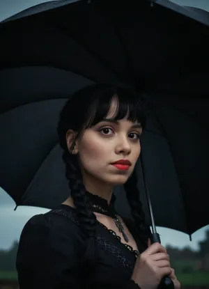 Portrait, Wenzday Addams with a black umbrella, black hair braided with bangs, gloomy atmosphere, view from below, authentic Gothic style