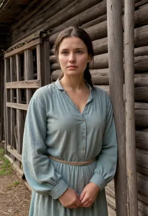 A beautiful curvy peasant woman, 40 years old, of Slavic ethnicity, stands near a dilapidated wooden barn. Her face holds a calm, yet weary expression. Her dark brown eyes, slightly downturned. She's dressed in a long, linen shirt, reaching her ankles, unbelted, the neckline modestly tied with thin hemp strings. The shirt, a muted, greyish-white, is creased and stained from years of wear, its texture coarse and slightly rough. Her hands, calloused and strong, hang loosely at her sides, her posture stooped yet dignified. The woman's dark hair is pulled back in a simple braid. The barn, constructed from aged, grey wood, shows signs of decay—warped planks. The background is a muted palette of browns, greens, and greys, reflecting a late afternoon light. The overall style evokes a realistic portrayal, reminiscent of Russian realism, with a focus on capturing the raw honesty and dignity of rural life. The composition is a three-quarter view, slightly low angle, emphasizing the woman's stature against the imposing backdrop of the barn. The lighting is natural, diffused sunlight casting soft shadows, enhancing the textures and details of both the woman and her surroundings., <lora:traditional_russian_home_xl_1:.8>