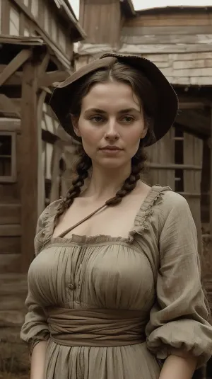 A beautiful curvy peasant woman, 40 years old, of Slavic ethnicity, stands near a dilapidated wooden barn. Her face holds a calm, yet weary expression. Her dark brown eyes, slightly downturned. She wears a linen chemise, antique in style, reaching her ankles. The garment is unbelted, with long, wide sleeves that fall loosely to her wrists, unfastened. A simple neckline is tied with thin, dark linen tapes. The texture of the linen is coarse, slightly rumpled. Her hands, calloused and strong, hang loosely at her sides, her posture stooped yet dignified. The woman's dark hair is pulled back in a simple braid. The barn, constructed from aged, grey wood, shows signs of decay—warped planks. The background is a muted palette of browns, greens, and greys, reflecting a late afternoon light. The overall style evokes a realistic portrayal, reminiscent of Russian realism, with a focus on capturing the raw honesty and dignity of rural life. The composition is a three-quarter view, slightly low angle, emphasizing the woman's stature against the imposing backdrop of the barn. The lighting is natural, diffused sunlight casting soft shadows, enhancing the textures and details of both the woman and her surroundings., vntgdrwngCE, style, fanslu, <lora:FantasySlums-10:.8>, HyperSmoke, dark, background, black, backlit, theme, <lora:lowkey_v1.1:.8>