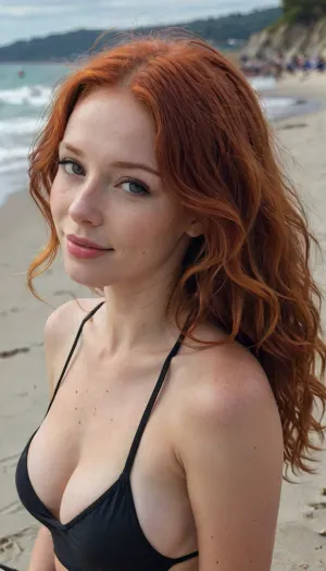 half body, 3/4 view portrait of a girl with red wavy hair, sitting on the beach, red hair, side view, tiny boobs, black swimsuit, facing side, beach, 4ng3l, face, view from top, looking at viewer, smiling, <lora:SDXL_BetterFaces-LoRA_v1:.5>