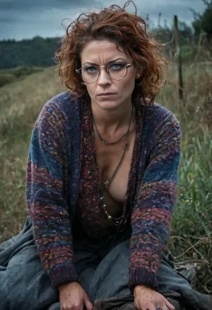 Create an intense, cinematic art evocative portrait. 32 yo girl, naked, with short brown curley hair, rectangular glasses with black rim, brave, scared but serious, heavy rain weather, the rain wet his face, the field is transformed into a apocalyptic landscape., ((Colourful patterned, over hip-length woollen jumper)), bottomless, ((lying on stomach)), (she is fucked from behind by dirty homeless man:1.8), rough, rough sex, (hair pull), . The delicate Details and dark colors make this a truly unique and captivating image. Deep blue eerie light, eyes open in a moment of raw emotion. The blue and black palette intensifies the mood, evoking a sense of mystery and allure. Subtle film grain and metic, purple and blue is main color, energy around, shining, glow