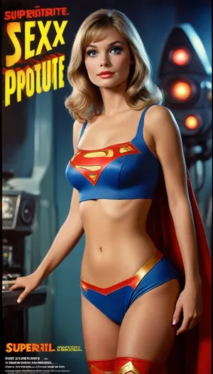 ((Movie poster for a 1960s SciFi movie version of Supergirl movie, sexy prostitute, cleavage, sexy legs, small breasts)), <lora:MJ52:.6>
