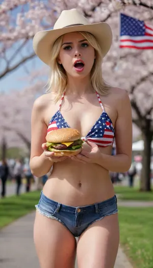 A beautiful white American girl, blonde hair, cowboy hat, American flag Bikini, Jeans mini shorts, ((eating a cheeseburger)), ((confused face)), in the O-Hanami Cherry Blossom and Cherry Festival, full body, Japan-ish, confused, <lora:401657_training_data:2>, <lora:confused:2>