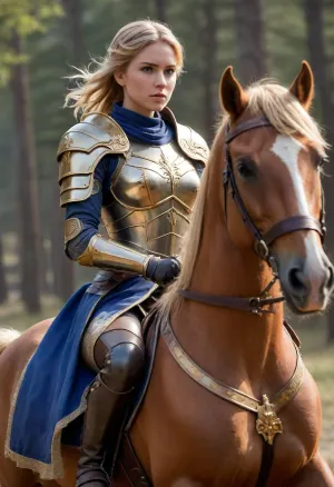 Full body, Temesia, lightsavior, (AFK_Journey), human, female, sturdy build, mounted knight, Templar, paladin, neat, tidy, clean, very hardworking, strict, charming, lesbian, beautiful, flawless, devout, wielding dual bladed great sword, short messy golden blonde hair, light purple eyes, bulky silver full plate armor with gold accents, wearing blue clothes under armor, massive amber gemstone embedded in her chest plate, riding a brown horse with matching armor