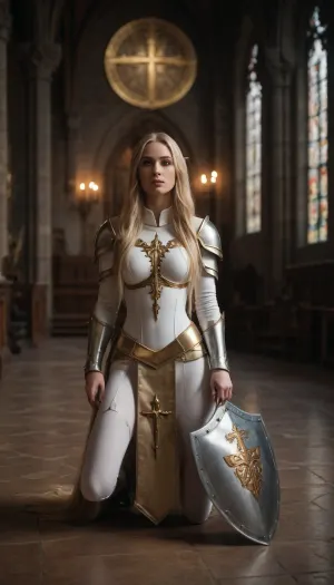 A beautiful elf cleric, tall and slender, sexy, wearing white metal armor, in the center of the armor's breastplate a golden holy symbol, very long blond hair, shoes with very high heels, is praying in a medieval church, ((next to her on the ground a war club and a shield))