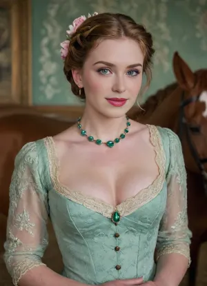 In a stable. Excited lady, between horse stalls, between horses, on the hay. 21 yo Woman, adorned in Richly decorated historical lady lace dress, wide open Square neckline. ginger-auburn very longe hair, D-cup breast. Wasp thin waist. Wide lips, puffy lower lip, symmetrical Rectangle face shape, largr upturned pale blue eyes. Couture, Colourful, long gown, emerald collar, delphiniums, peony, peppermint, embroidered lace, chandelier, glittery smoke, beautiful model braided hairstyle, light lora, MJ52, .4>, 1880_dr3ss, 1890_dr3ss, 1900_dr3ss, 1905_dr3ss, 1910_dr3ss, Fortuny, <lora:SDXLHighDetail_v6-000005:.5>, <lora:Belle_Epoque_Dresses_1880-1914_XL:.4>, Eye contact with a viewer, alluring smile, seductive gaze