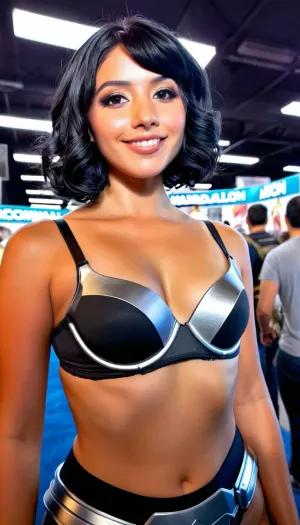 Low angle photo, A 22 years old mexican woman, small breasts, wearing a tight mandalorian armor bra, smiling, short wavy hair, hyperrealistic photo, comic-con, Black color hair, crowded place, Full HD, 8K, makeup