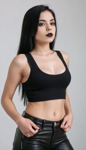 22 years old mexican-american woman, sensual pose, black hair, disgusting and very upset, square face, round breasts, white and pale skin, emo girl, black lips, black tank top, black leather pants, black eyeshadows, flat booty, flat small ass, long straight hair, middle body view, white background, thin, flat body, flat torso, narrow waist, small hip, highest quality, detailed skin texture, masterpiece, 4K
