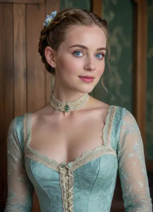 In a stable. Excited lady, between horse stalls, between horses, on the hay. 21 yo Woman, adorned in Richly decorated historical lady lace dress, wide open Square neckline. ginger-auburn longe hair in braids, D-cup breast. Wasp thin waist. Wide lips, puffy lower lip, symmetrical Rectangle face shape, largr upturned pale blue eyes. Couture, Colourful, long gown, emerald collar, delphiniums, peony, peppermint, embroidered lace, chandelier, glittery smoke, beautiful model braided hairstyle, light lora, MJ52, .4>, 1880_dr3ss, 1890_dr3ss, 1900_dr3ss, 1905_dr3ss, 1910_dr3ss, Fortuny, <lora:SDXLHighDetail_v6-000005:.5>, <lora:Belle_Epoque_Dresses_1880-1914_XL:.4>, Eye contact with a viewer, alluring smile, seductive gaze