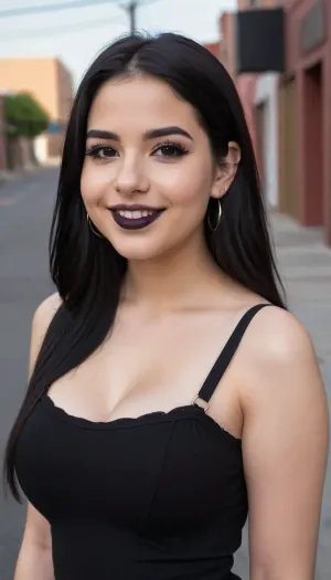 22 years old mexican-american woman, smiling, black hair, big cheeks, white and pale skin, emo girl, black lips, black eyeshadows, black eyeliner, black strap blouse, long straight hair, round breasts, busty, hanging breasts, middle body view, mexican street, skinny, flat body, flat torso, narrow waist, small hip, highest quality, detailed skin texture, masterpiece, 4K