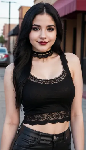 22 years old mexican-american woman, smiling, black hair, big cheeks, white and pale skin, black lace tank top, black leather pants, emo girl, round face, black lips, black eyeshadows, long straight hair, round breasts, middle body view, mexican street, choker, skinny, flat body, flat torso, narrow waist, small hip, highest quality, detailed skin texture, masterpiece, 4K, <lora:crying:.15>, <lora:tearsXL:.15>