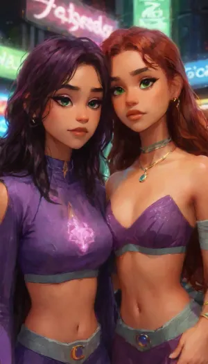 score_9, score_8_up, score_7_up, score_6_up, cinematic image, 2girls, duo, 2friends, (Starfire and Raven:1.5), . BREAK 1girl, (Tyla as Starfire from DC-Comics, dark green eyes with bright neon light green sclera:1.5), sexy tall tanned supermodel woman, long reddish brunette curly hair, voluptuous-hourglass-thick-athletic built figure, washboard abs, wearing intricate Starfire outfit Summer Fashionable Solid Tube Top & Split Thigh Skirt, <lora:tyla_juggerX_xl_1_st_wocap-tyxla-000086:1>, ., BREAK, 2girl, (Jenna Ortega as Raven from DC-Comics, forehead Ajna chakra stone, bright glowing violet eyes:1.5), sexy petite pale skin supermodel woman, medium cut curly hair, hourglass-thin built figure, wearing intricate skimpy Raven outfit long sleeve sweater mini dress, <lora:ortega_sdxxxl_dh128_v1:1>, cute smile, (walking through Time Square, busy, public:1.3), busy day in the distance, green and purple aura, (dimly lit:1.1), (cinematic lighting:1.2), shallow depth of field, vignette, BREAK highly detailed, highly detailed face, bokeh, moody, epic, gorgeous, grainy, (ultra-detailed), (best illustration), (best shadow), (absurdres), (detailed background), (very aesthetic), . highlydetailedbody, realisticface, highlydetailedhair, insanelydetailed, 8K.highdetailedskin, highresolution, perfectfingers., "FANTASY WORLD", (j_cartoon:1.5), Drawing, <lora:samdoesarts1.1-000030:.4>, <lora:J_cartoon:.3>, <lora:Animated_Concept:.4>