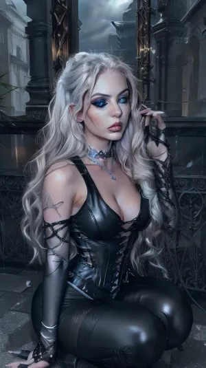 A sensual, goth type of beautiful woman with soft ethereal beauty, long, flowing silver-white hair, glowing icy blue eyes, and an aroused expression. She wears a tight, black leather corset-style see-through outfit with dark intricate tattoos covering her nsfw chest and shoulders. Around her neck is a spiked choker and layered gothic necklaces with black crystal pendants. The setting is a stormy, desolate mountain landscape with swirling clouds and dramatic lighting that highlights her sensual body and soft, round facial features and pale, ethereal complexion. Her hair is slightly wind-blown, with strands catching the light. The atmosphere is dark and moody, with a supernatural, slightly cinematic feel.

Art Style, Hyper-realistic dark fantasy, with cinematic rendering and ultra-sharp details. Inspired by a blend of digital realism and gothic concept art. Subtle textures on the skin, hair, and clothing enhance depth and character. Strong attention to contrast and shadows.

Lighting, High-contrast, storm-lit with backlighting and rim lighting accentuating the hair and shoulders. Cool undertones with sharp highlights on silver hair and gloss on black clothing. Shadows create depth

Color Palette, Monochromatic and desaturated, blacks, gunmetal gray, pale silver, (with hints of muted blues and cold whites for contrast.

Keywords/Tags for Stable Diffusion:1), (masterpiece, best quality, ultra-detailed), sensual warrior woman, silver white hair, sharp gaze, black leather outfit, chest tattoos, choker, gothic jewelry, stormy background, dark fantasy, cinematic lighting, pale skin, photorealistic, hyperrealism, fantasy realism, moody atmosphere, gothic aesthetic, instbds, leggings, sitting, posing, <lora:insta_baddies_v1:.9>