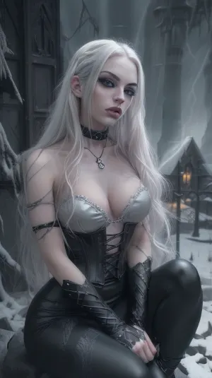 A sensual, goth type of beautiful woman with soft ethereal beauty, long, flowing silver-white hair, glowing icy blue eyes, and an aroused expression. She wears a tight, black leather corset-style see-through outfit with dark intricate tattoos covering her nsfw chest and shoulders. Around her neck is a spiked choker and layered gothic necklaces with black crystal pendants. The setting is a stormy, desolate mountain landscape with swirling clouds and dramatic lighting that highlights her sensual body and soft, round facial features and pale, ethereal complexion. Her hair is slightly wind-blown, with strands catching the light. The atmosphere is dark and moody, with a supernatural, slightly cinematic feel.

Art Style, Hyper-realistic dark fantasy, with cinematic rendering and ultra-sharp details. Inspired by a blend of digital realism and gothic concept art. Subtle textures on the skin, hair, and clothing enhance depth and character. Strong attention to contrast and shadows.

Lighting, High-contrast, storm-lit with backlighting and rim lighting accentuating the hair and shoulders. Cool undertones with sharp highlights on silver hair and gloss on black clothing. Shadows create depth

Color Palette, Monochromatic and desaturated, blacks, gunmetal gray, pale silver, (with hints of muted blues and cold whites for contrast.

Keywords/Tags for Stable Diffusion:1), (masterpiece, best quality, ultra-detailed), sensual warrior woman, silver white hair, sharp gaze, black leather outfit, chest tattoos, choker, gothic jewelry, stormy background, dark fantasy, cinematic lighting, pale skin, photorealistic, hyperrealism, fantasy realism, moody atmosphere, gothic aesthetic, megf, instbds, leggings, sitting, posing, <lora:MeganFoxDoguV3:.2>, <lora:insta_baddies_v1:.4>