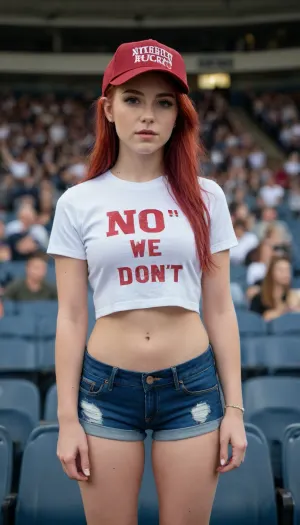 A beautiful 21 year old girl, blood red hair, wearing a ball cap, ((wearing a crop top tshirt with text that says "NO WE DON'T")), ((standing in the audience of a rugby arena stadium))