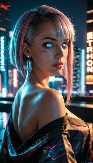 A photorealistic depiction of a sprawling Cyberpunk cityscape at night, filled with towering skyscrapers, neon lights, and holographic billboards. The architecture should be futuristic, with a mix of high-tech and grunge elements. In the foreground, include a Geisha robot that embodies the Cyberpunk aesthetic. She should have visible robotic features like mechanical joints and LED facial markings, yet maintain the elegance and grace associated with traditional Geishas. She should be dressed in a futuristic version of a Geisha's kimono, adorned with digital patterns or neon accents. The lighting should highlight the neon and metallic elements of the scene, casting dramatic shadows and reflections. The perspective should be such that both the Geisha robot and the cityscape are prominently featured, lucy, (cyberpunk\)