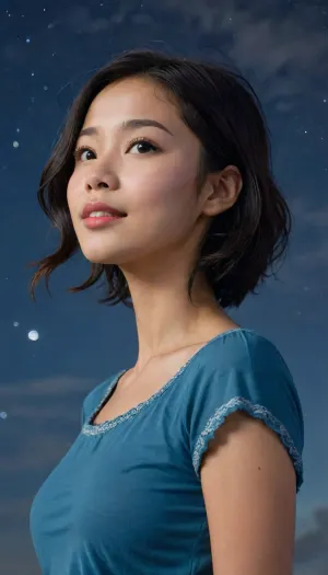 half body, 3/4 view portrait of an asian girl with short black wavy black hair, black hair, side view, tiny boobs, blue tunic, facing side, night sky, 4ng3l, face, view from below, looking at viewer, smiling, <lora:SDXL_BetterFaces-LoRA_v1:.5>