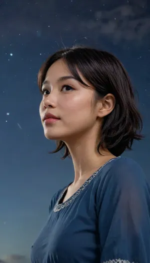 half body, 3/4 view portrait of an asian girl with short black wavy black hair, black hair, side view, tiny boobs, blue tunic, facing side, night sky, 4ng3l, face, view from below, looking at viewer, smiling, <lora:SDXL_BetterFaces-LoRA_v1:.5>