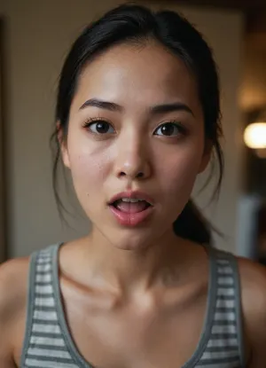 A close-up portrait of a young East Asian woman with a playful expression, sticking her tongue out slightly. She has smooth, fair skin with a natural glow and a hint of sweat, suggesting recent physical activity. Her dark, straight hair is loosely tied, with strands clinging to her face. She has almond-shaped, expressive eyes with subtle eyeliner, soft eyebrows, and slightly parted lips. She's wearing a fitted, striped tank top in gray and olive tones with front buttons. Warm lighting enhances her skin texture and adds a soft, intimate mood to the image.