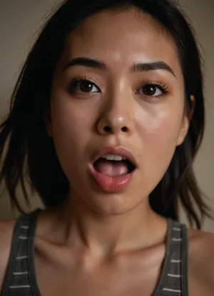 A close-up portrait of a young East Asian woman with a playful expression, sticking her tongue out slightly. she sticks out her tongue to perform oral sex. She has smooth, fair skin with a natural glow and a hint of sweat, suggesting recent physical activity. Her dark, straight hair is loosely tied, with strands clinging to her face. She has almond-shaped, expressive eyes with subtle eyeliner, soft eyebrows, and slightly parted lips. She's wearing a fitted, striped tank top in gray and olive tones with front buttons. Warm lighting enhances her skin texture and adds a soft, intimate mood to the image., upside, down, one, face, <lora:face_upsidedown:.8>