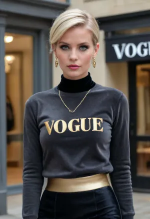 (masterpiece, best quality:1.2), 1 classy swedish 30yo woman, solo, earrings, jewellery, (black knee lenght leather skirt:1.3), (anthracite velvet sweater with golden text " VOGUE ":1.5), outdoors, white blonde hair, bright ice blue eyes, short haircut with side parting, hair tucked behind ears, stands indoors in an busy luxury fashion store, serious look, photorealism, logo, text, sign, that, says, the, word, <lora:SDXLHighDetail_v6-000005:.5>, <lora:texta:.7>