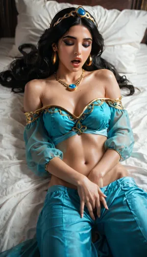 A stunningly realistic portrait of a Middle Eastern princess inspired by Princess Jasmine from Aladdin. She has long, thick black hair styled in flowing waves, with gold bands tying sections of her hair. She wears an elegant turquoise off-the-shoulder top, adorned with golden embroidery. Her accessories include large gold hoop earrings, a jeweled gold necklace, and a delicate tiara with a sapphire gem. Her eyes are large and almond-shaped, with dramatic eyeliner and a warm, confident expression. The background shows an opulent Arabian palace bedroom in the dark night. Lying on a bed, without pants, masturbating and moaning. Ultra-realistic lighting, high detail, cinematic quality.