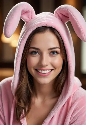 fashion shot of a stylish 30yo woman, ((smile with perfect teeth)), onesie pink bunny pajamas, hood with ears, zipper in front unzipped, Perfect eyes, highly detailed beautiful expressive eyes, detailed eyes., (32K resolution, masterpiece, ultra high quality, best quality, ultra high definition, perfect anatomy, Incredibly detailed, photorealistic, cinematic lighting, exquisitely detailed, extremely intricate, dynamic vivid colors.)
