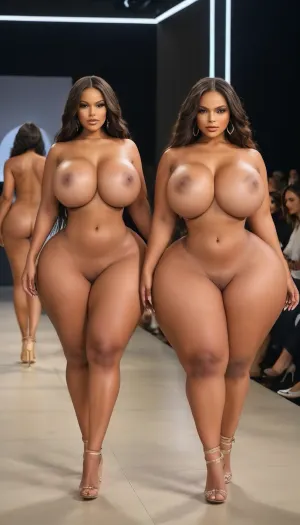 two African women, extreme Voluptuous body, extremely huge inflating boob, extremely large areola, extremely puffy nipple, extremely huge wide inflating booty, thin waist, both are completely nude, on nude fashion show, walking on ramp, back view, side view, ohwx, large, breasts, big, boobs, huge, tits, <lora:GracieBon-000005:.8>, <lora:bombshell_v2:1>