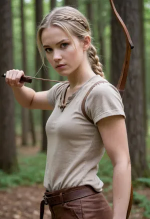 Full body, Marilee, forest’s arrow, (AFK_Journey), human, female, focused, archer, hunter, bargainer, haggler, caring, skilled, shrewd, crafty, lanky, pale brown eyes, messy blonde hair in twin tail braids, light tan shirt, dark brown pants, pointed leather shoes, sheathed knife on hip, holding a simple wooden recurve bow