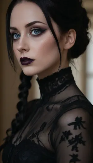 (intimate portrait, avant-garde snapshot aesthetic:1.6), (beautiful goth girl:1.5), (focus on face), (maximum eye detail:1.3), (pale blue eyes:1.4), (intricate eye:1.3), (beautiful long eyelashes:1.2), (detailed eyeliner, intricate goth makeup:1.1), (raven black hair, loose strands of hair, intricate hair style:1.2), (dramatic lighting:1.3), (shallow depth of field:1.4), (blurred background:1.1), (detailed skin, detailed hair, detailed eye, limbal ring:1.3), (natural skin texture, natural hair texture, natural eye texture, vellus hairs:1.3), (alabaster skin, dark lipstick, full lips), ziprealism