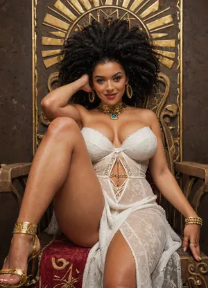 Mature chubby égyptien mature momentum with afro black hair. Her posture is confident and provocative, one leg elegantly crossed over the other, one hand resting on the armrest of the throne while the other casually caresses a jewel or scepter, enhancing her image as a sensual and powerful queen. She exudes an aura of authority and allure, seated on a grand golden throne adorned with intricate hieroglyphs and traditional Egyptian motifs. Her piercing, captivating gaze, paired with a subtle smile, radiates both power and seduction.

She wears a light, revealing white dress made of flowing, slightly transparent fabric that hugs her curves and accentuates her generous bust. The deep neckline highlights her silhouette, while the high slits of the dress reveal her long legs in a pose that is both elegant and suggestive.

Her sleek black bob haircut is adorned with a golden cobra-shaped diadem, symbolizing royalty and divinity. A wide blue and gold collar rests on her shoulders, complemented by golden bracelets and rings adorning her arms and thighs. Her nails, painted in a vibrant hue, add a touch of refinement.

The majestic setting around her is bathed in golden light, highlighting the carved walls of the royal temple. Torches or oil lamps cast a warm glow, enhancing the mystical and divine ambiance of the place.