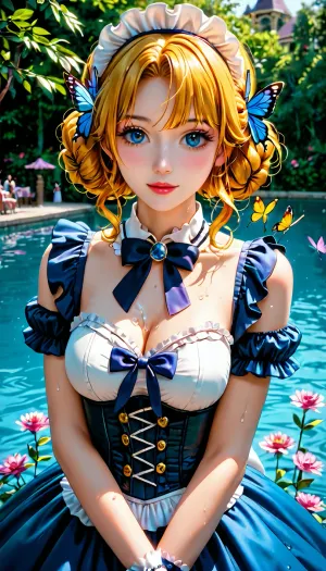 Princessa, pirat, sweetegl, sweetop, swe3tjsk, bl0use, bioluminescent, dress, burlesque, butterfly, crystalline, cute, maid, fairy, flower, idol, iridescent, clothing, liquid, princess, ruffled, lingerie, sailor, senshi, uniform, tennis, underbust, corset, victorian, water, <lora:SweetLolitaXLv4.23:1>, <lora:xl_n15g_aio_clothing-2.0:1>, <lora:add-detail-xl:1.5>