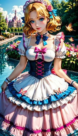 Princessa, pirat, sweetegl, sweetop, swe3tjsk, bl0use, bioluminescent, dress, burlesque, butterfly, crystalline, cute, maid, fairy, flower, idol, iridescent, clothing, liquid, princess, ruffled, lingerie, sailor, senshi, uniform, tennis, underbust, corset, victorian, water, <lora:SweetLolitaXLv4.23:1>, <lora:xl_n15g_aio_clothing-2.0:1>, <lora:add-detail-xl:1.5>