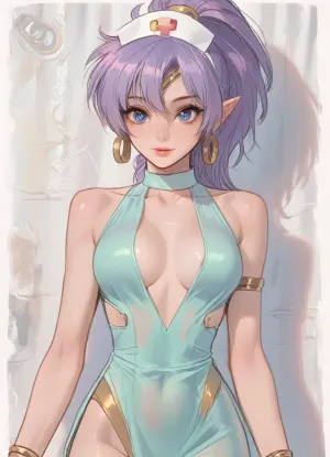 Masterpice, high realistic details, score_9, score_8_up, score_7_up, professional photograph, cinematic light, wolume light, shadow details, hard shadows, high level detailed face, perfect eye, perfect lips, perfect fingers, (Shantae, (shantae, the half-genie hero)), shantae walking in the hospital hall, high level detailed body, hourglass figure, narrow shoulders, ridiculos narrow waist, slim waist, wide hips, round ass, small size round boobs, nurse green outfit, temptation smiling face, smiling, pointy elf ears, gold circle earrings, gold bracelets, long purple hair, ponytail on the top of the head with a golden holder, tight and sleek tail, waist shot, ultradetailed skin, wet body, oily skin, detailed background, top down view, (j_cartoon:1.4), Drawing, (aromasensei artstyle:1.5), (ranma, 1/2), incase, J_illustration, ratatatat74, <lora:法式插画XL:.5>, <lora:cartoon_stickers_xl_v1:.9>, <lora:ratatatat74-000050:1.4>