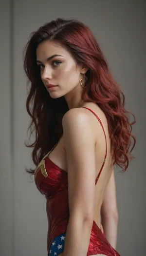 wonder woman, full figure, side view, sexy, very long red hair